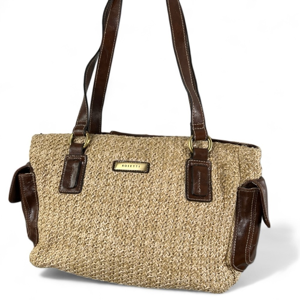 ROSETTI Vintage Woven Faux Straw Shoulder Bag With Brown Vegan Leather Trim